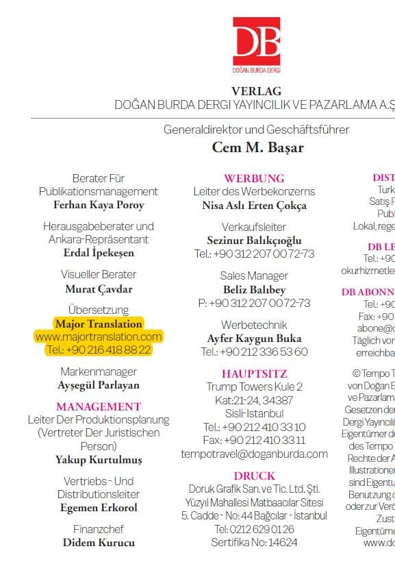 Derginin künyesinde Majör çeviri bilgileri yer alıyor